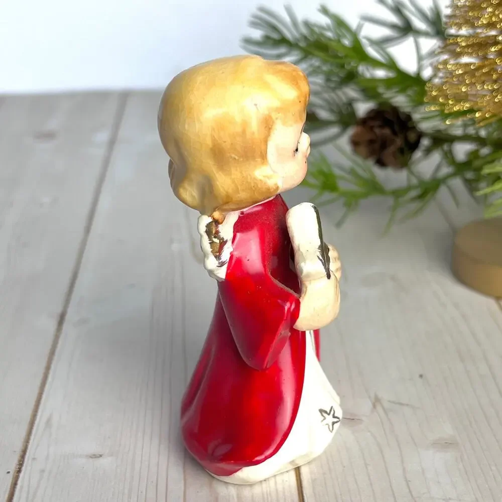 Vintage 1950-60s Porcelain Christmas Angel Red Dress Gold Star 3.5